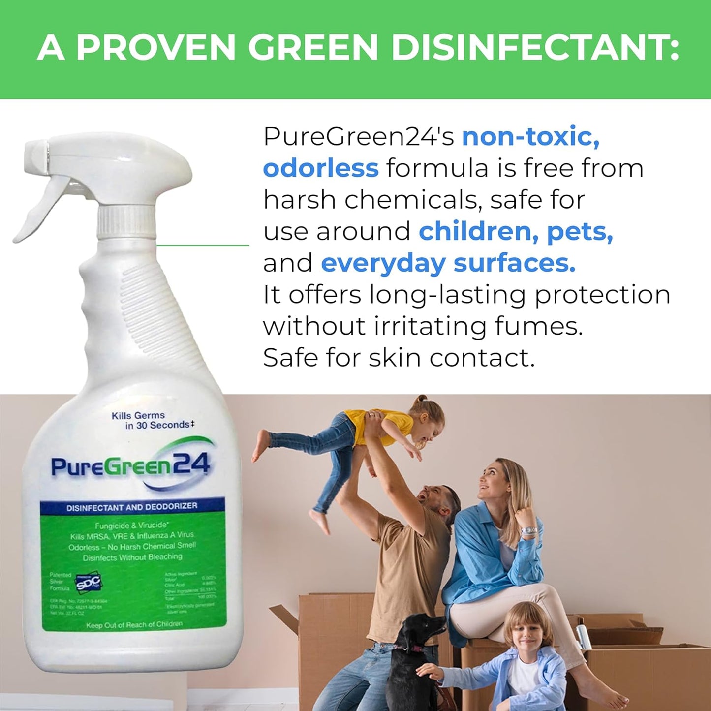 PureGreen24 Safe & Effective Disinfectant. Kills Deadly Germs including RSV COVID-19 Norovirus MRSA Staph 2025 flu Contains no toxic chemicals odorless child & pet safe 4 gallon bottles ready to use