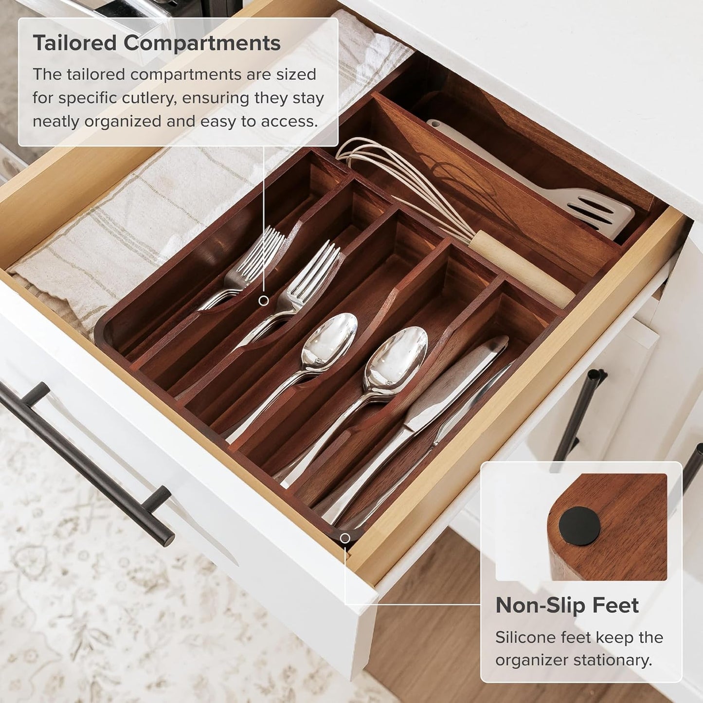 KitchenEdge Silverware Organizer - Cutlery, Flatware, and Utensil Holder for Kitchen Drawers, Fixed 10.5” Width, 7 Storage Compartments, Non-Slip Feet, Rounded Corners, Acacia Wood