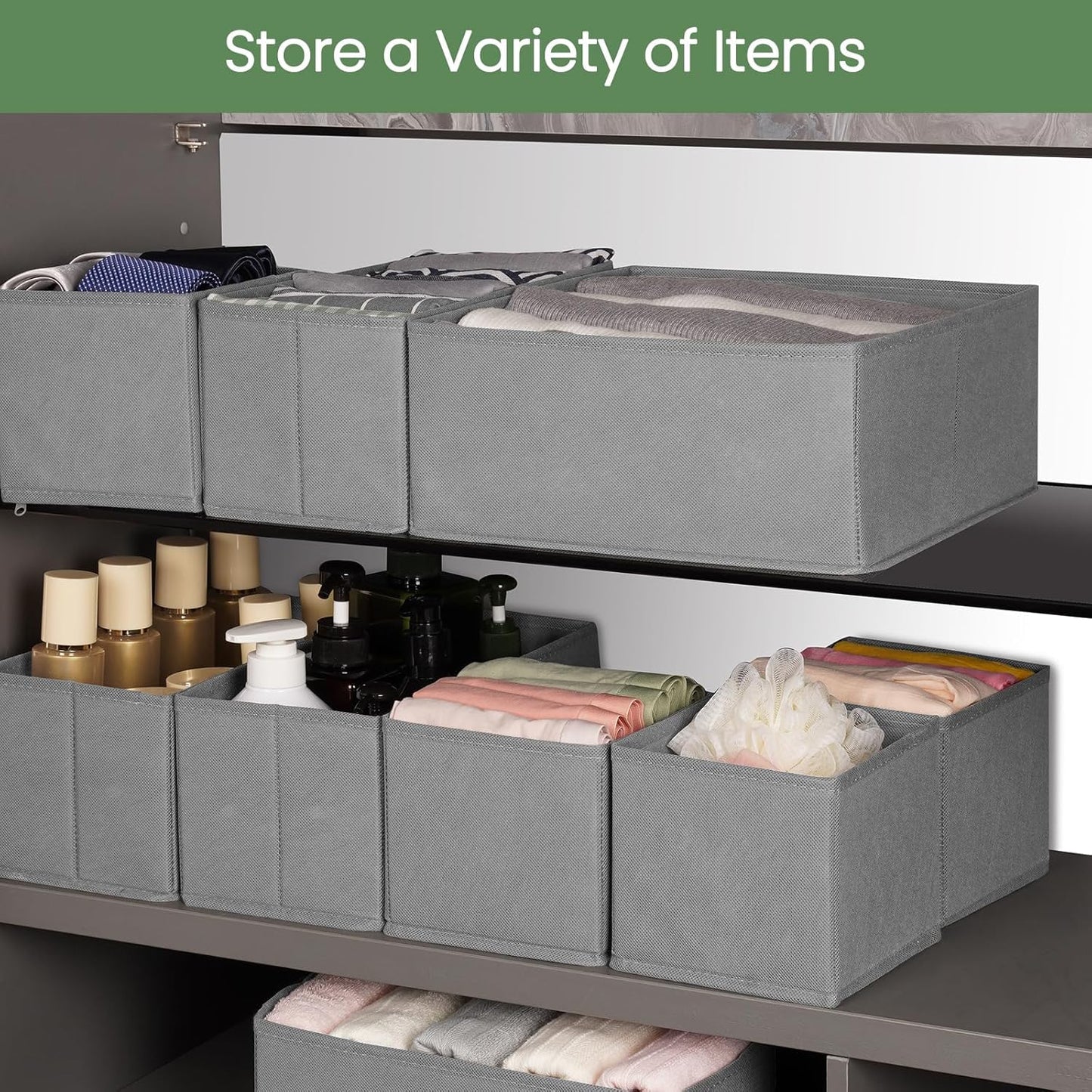 Criusia Drawer Organizer Clothes, 24 Pack Underwear Drawer Organizers, Foldable Closet Organizers and Storage Dresser Drawer Dividers Clothing Organizer for Clothes, Socks, Scarves, Bra, Ties (Grey)