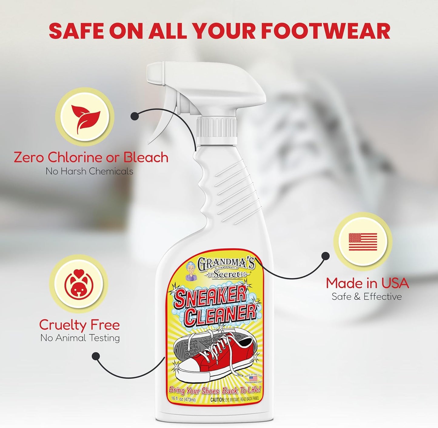 Grandma's Secret Shoe Cleaner - Stain Remover Spray for Rubber, Canvas and Leather - Removes Dirt, Grime and Grass - Sneakers Cleaner for Outdoor Shoes, Slippers and Moccasins 16 oz