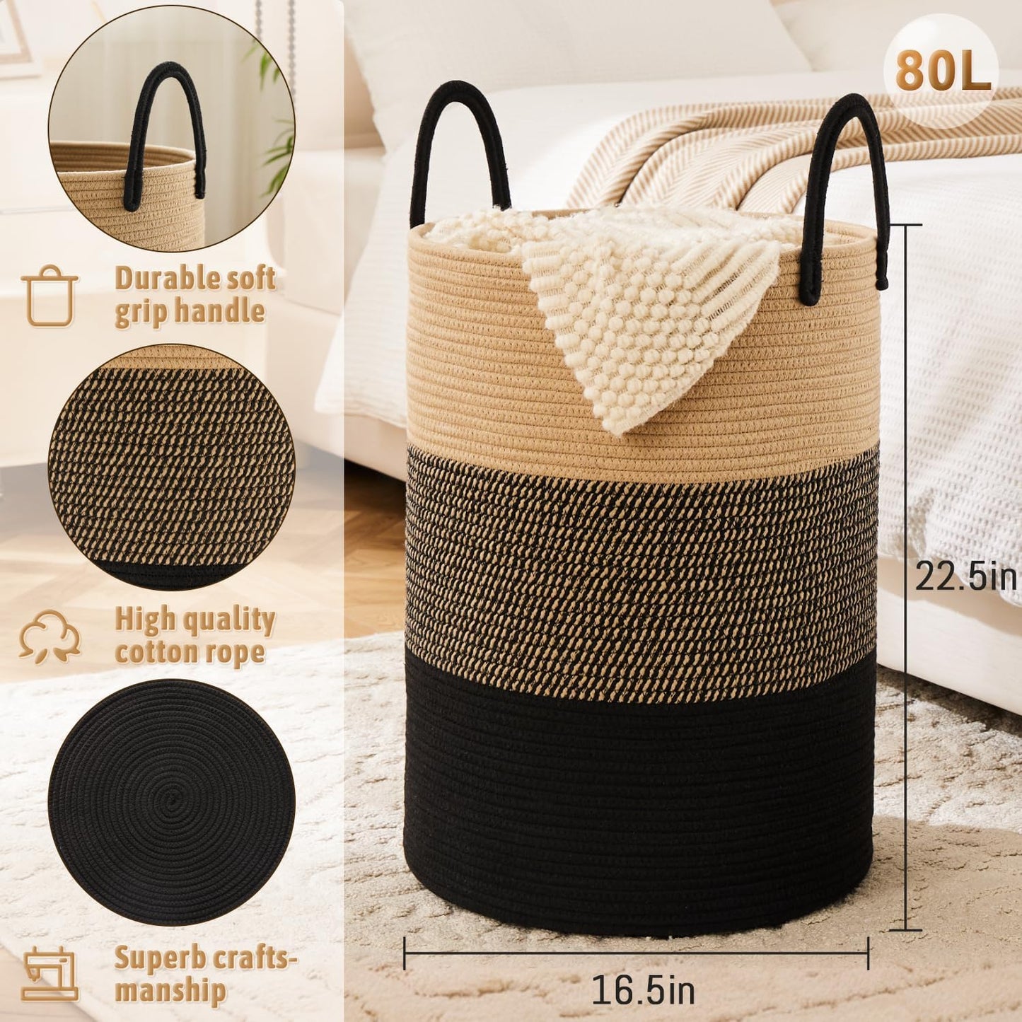 Laundry Basket,Woven Cotton Rope Laundry Hamper,80L for Decorative Storage of Dirty Clothes,Toys and Blankets in Bathroom,Bedroom and Living Room