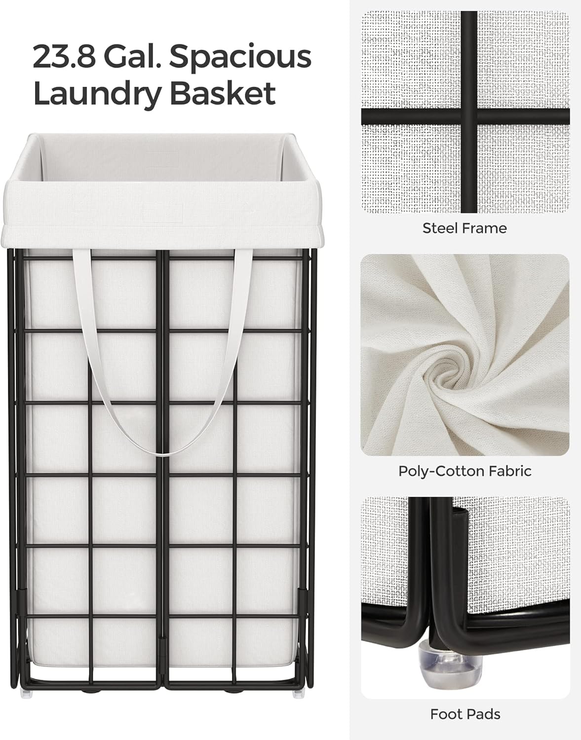 SONGMICS Laundry Hamper, 23.8 Gal. (90L) Laundry Basket, Collapsible Clothes Hamper, Black and White ULCB190W01
