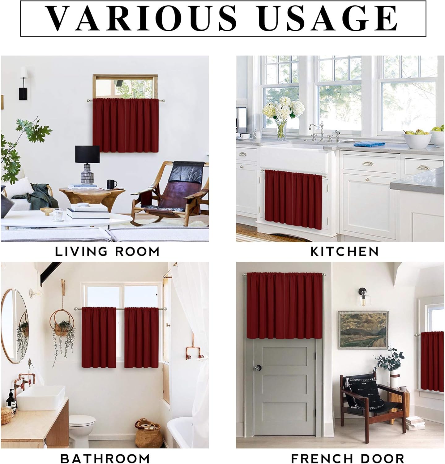 RYB HOME Small Curtains for Kitchen Window - Blackout Privacy Portable Curtain Set for Bedroom Office Bathroom Basement Garage Storage Enclosure RV Bunk, W 34 x L 30, Burgundy Red, 2 Pcs