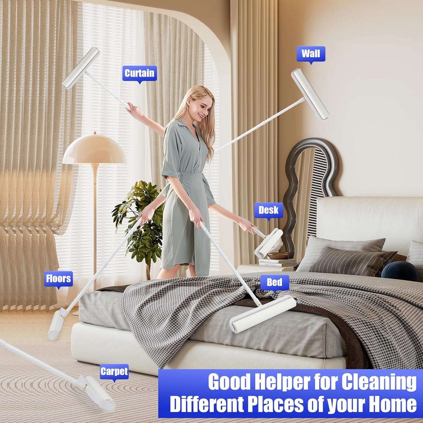 COBETE 14.17in Large Floor Lint Rollers for Pet Hair Extra Sticky, 45in Long Handle Giant Hair Picker Upper from Sticky Mop, for Cleaning Dog Cat Hair Animal Fur Removal Roller Couch Bed Sheet Carpet