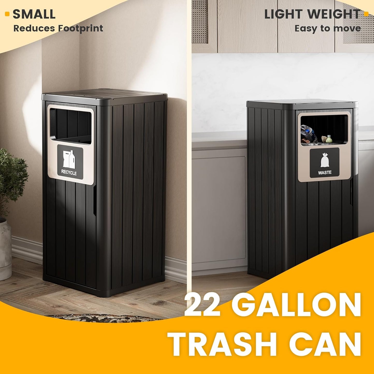 2pcs Outdoor Trash Can Waterproof Resin Garbage Can with Garbage Labels Outdoor Trash Bin for Patio, Garden,Kitchen, Black