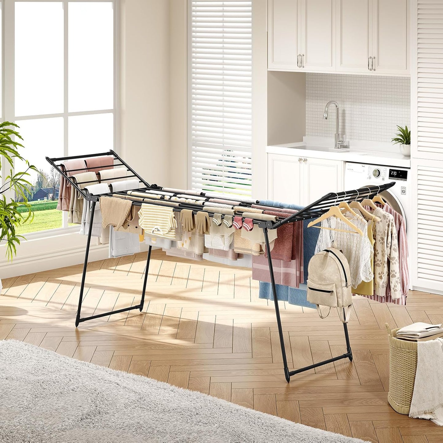 APEXCHASER Clothes Drying Rack Foldable, Large Drying Rack Clothing Retractable, Metal Clothes Airer for Bedding Towel Sweater Heavy Duty, Indoor Outdoor Use, 21.9"W x 100"L x 39"H, No Assembly, Black