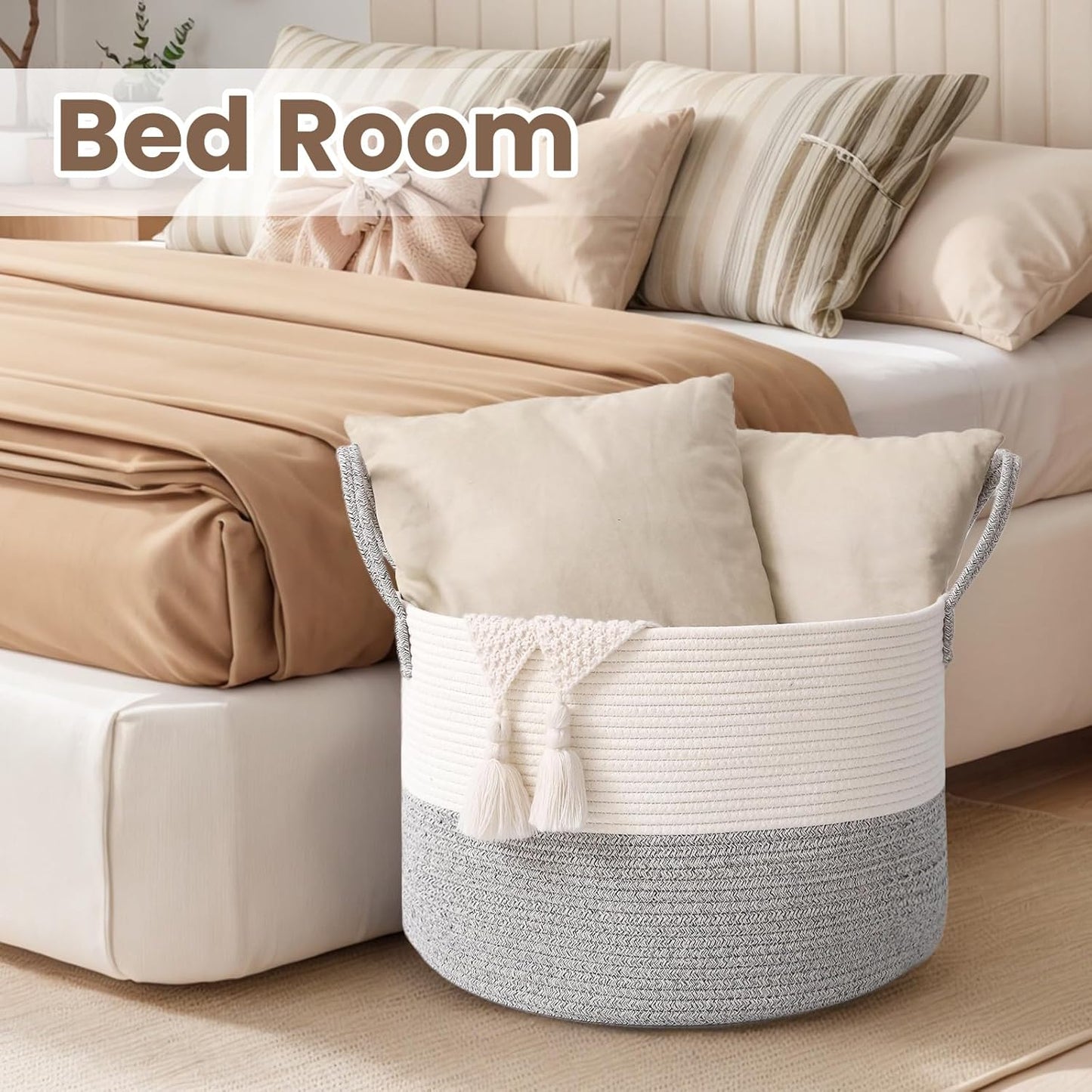 Woven Blanket Basket,65L Large Rope Storage Bin with Handles, Organizer for Blankets Toys Book and Clothes, Laundry Basket for Living Room Bedroom Nursery,White&Grey