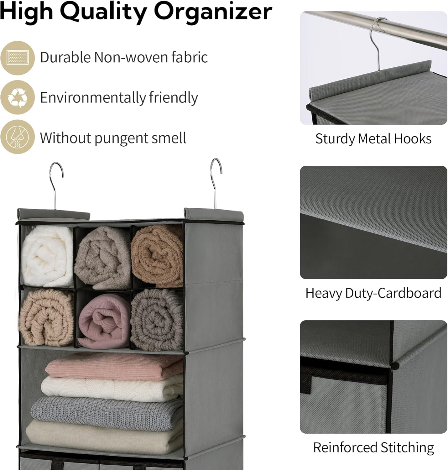 GRANNY SAYS Hanging Closet Organizer with Drawers, 4 Shelf Dividers Closet Hanging Organizer, Foldable Hanging Shelves for Wardrobe Closet, Small Closet Organizers for Clothes Shoes, Grey