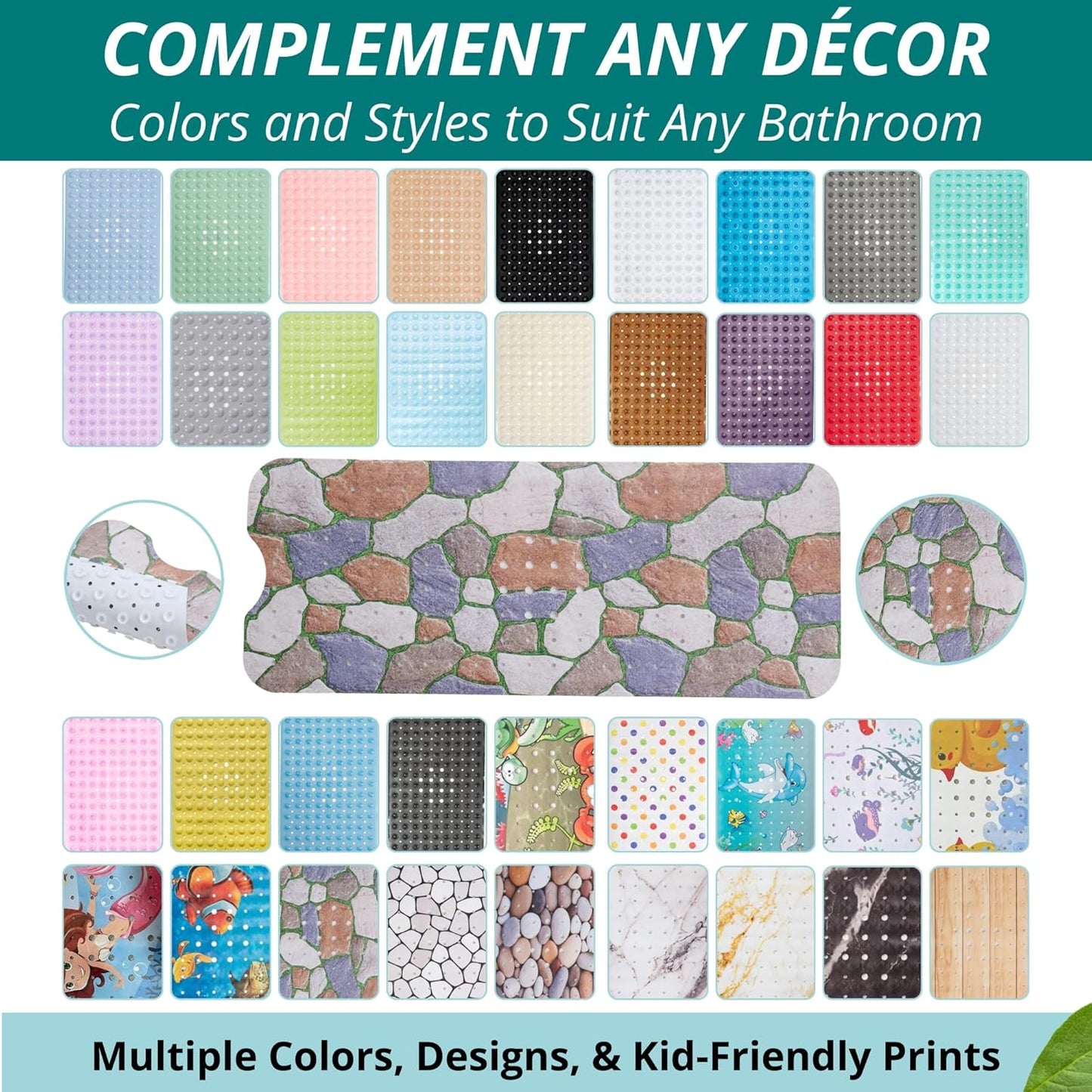 ENKOSI Bath Mat – Large 40 x 16 Inch Non-Slip Bathtub Mat with Secure Suction Cups & Drain Holes – Extra Long Bathroom Shower Mat for Tub with Stone Path Design (40x16 Stone Path)