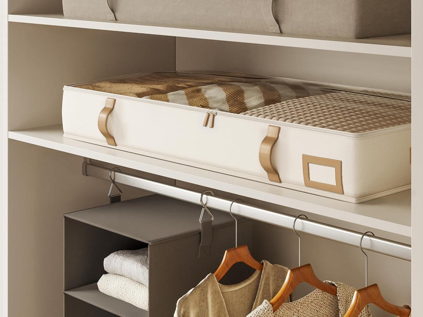 Vailando Under Bed Storage Containers, Foldable Storage Bins for Blankets, Comforter, and Seasonal Clothing, 6 Inches Tall, Beige with Brown Leather Handles, 2-Pack