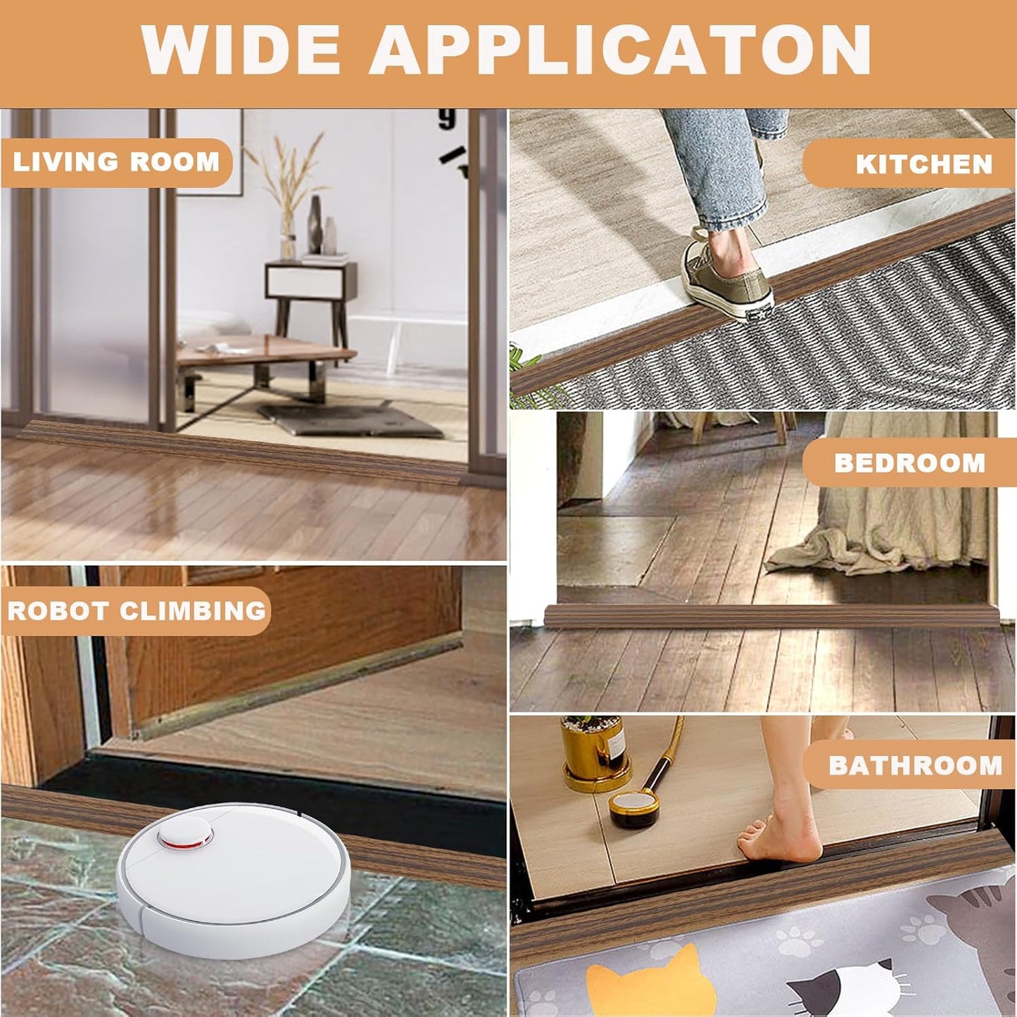 Vinyl Door Threshold Flooring Transition Strip Self Adhesive Carpet Edging Strip for Laminate Doorway Edge Threshold from 1/5" to 2/5" (Smoked Brown Wood Grain, 6.6 Ft)
