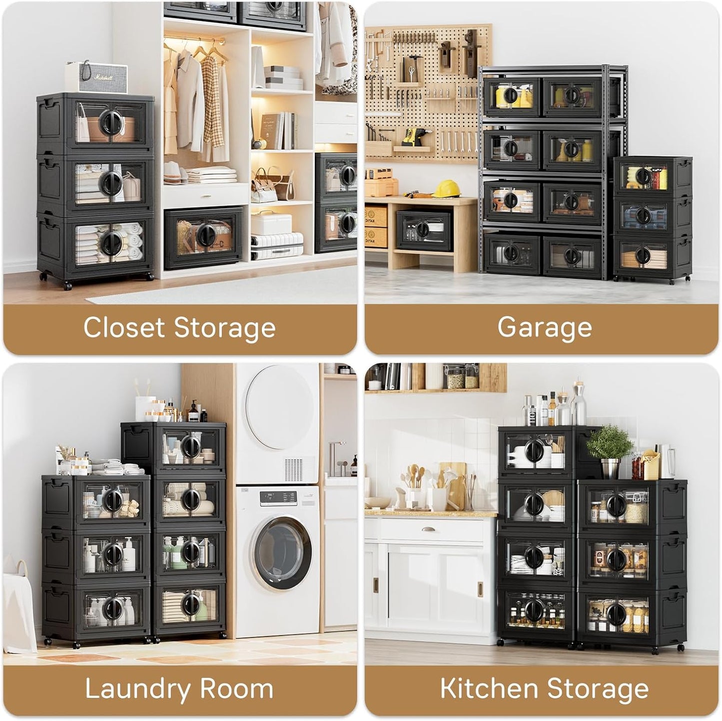 JEKO&JEKO 332Qt Lockable Stackable Storage Bins with Lids, Collapsible Closet Organizer with Wheels, Plastic Cabinet Drawer for Clothes, Dorm Room 4 Pack (Black)