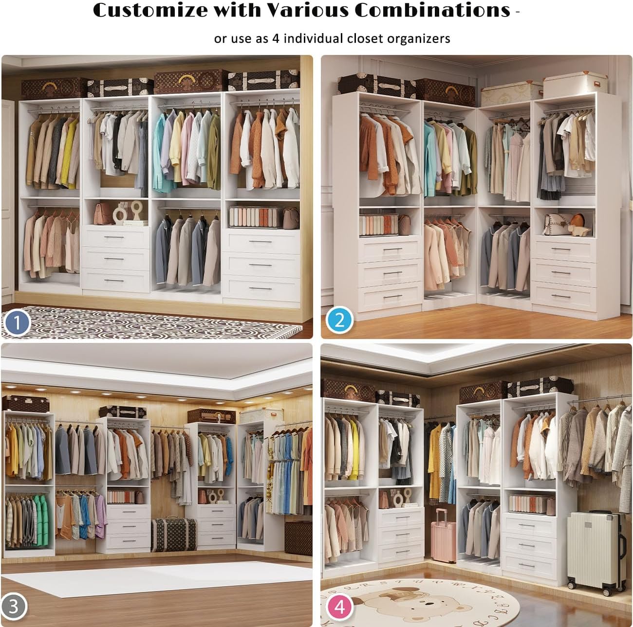 Closet System with 4 Sets, 8FT Closet Organizer Systems with 6 Wooden Drawers & 10 Hanging Rods, Walk in Closet Standalone Corner Closet System Modular Closet System Set White (8FT)