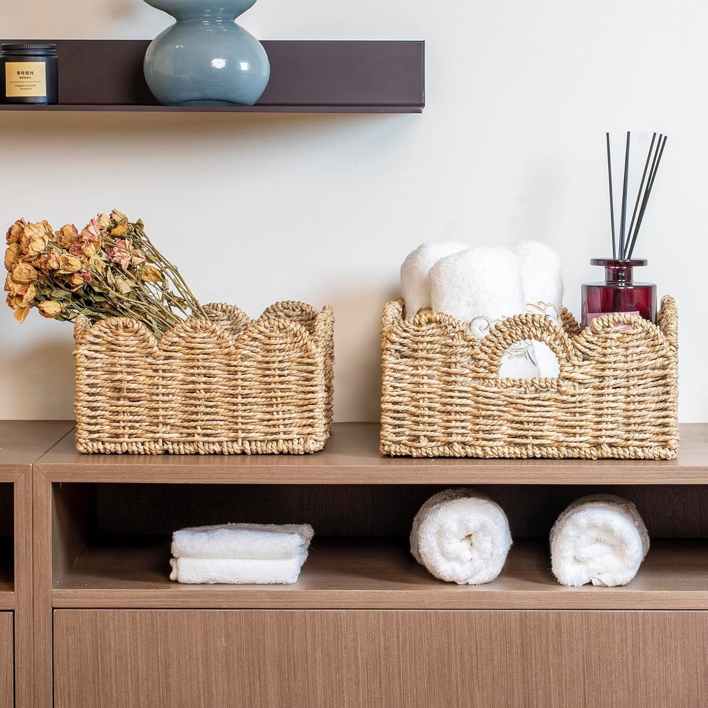 Scalloped Basket 2 Pack Wicker & Rattan Storage with Built-in Handles, Decorative Woven Seagrass Basket for Nursery & Bathroom Organization