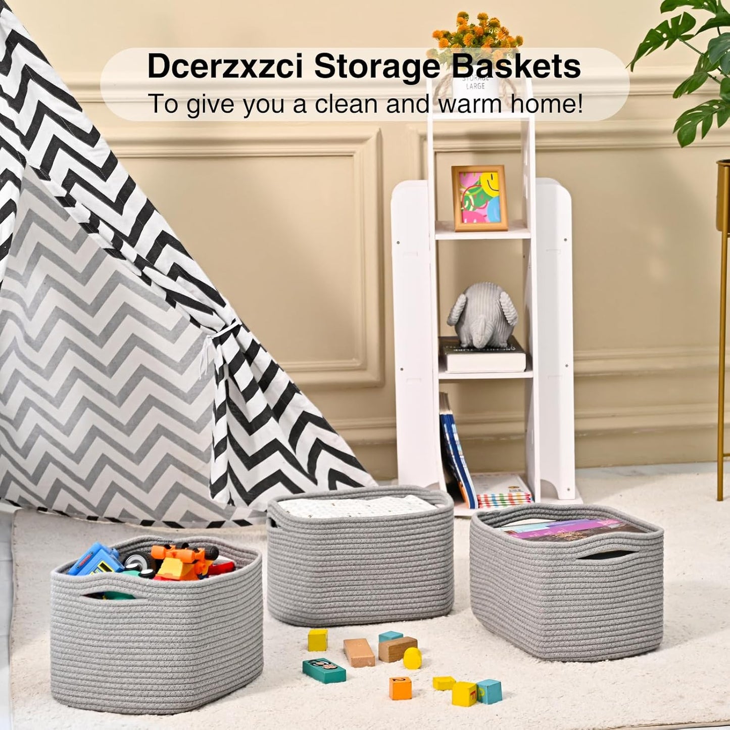 Small Storage Baskets for Organizing, Woven Storage Baskets for Shelves, Cotton Rope Basket for Storage, Cute Rectangular Book Toy Grey Basket, 12.7"×9.1"×7.9", 4 Packs, Grey