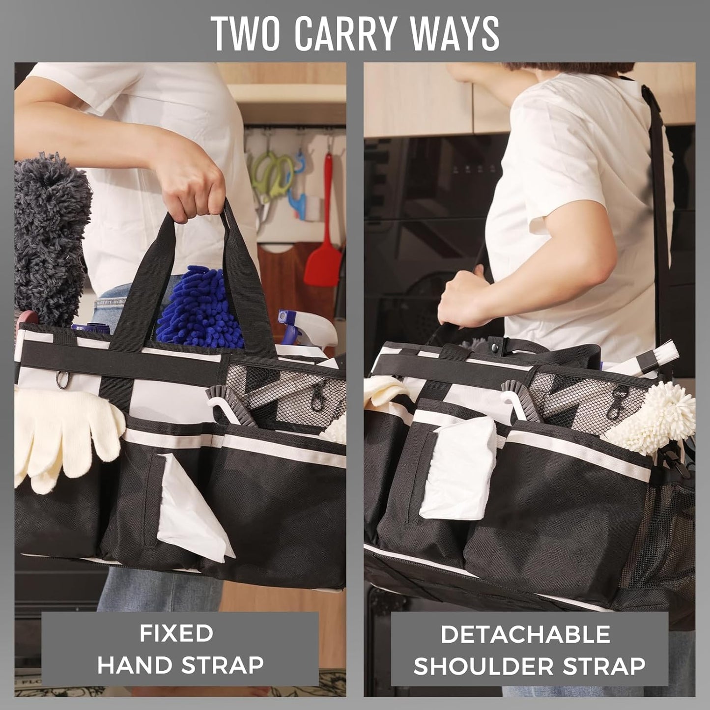 Wearable Cleaning Caddy, Cleaning Caddy Supplies Organizer with Handle & Shoulder Straps for Housekeepers, Under Sink & Car Cleaning Tool Organizers Bag with 4 Foldable Divider (Beige)