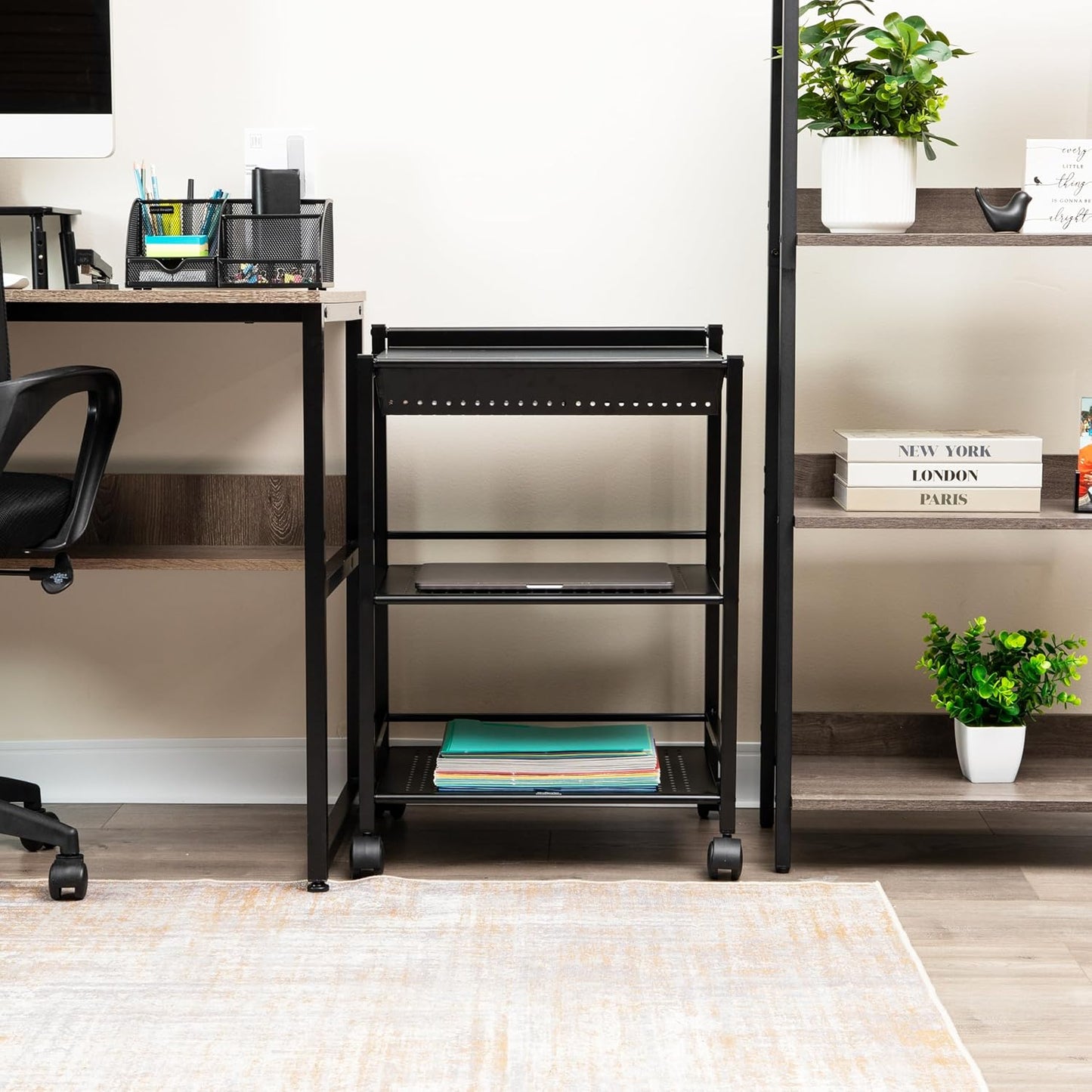 Mind Reader Cart with Covered Compartment, Office Organizer, Storage, 3-Tier, Office, Metal, 20" L x 14.25" W x 28.75" H, Black