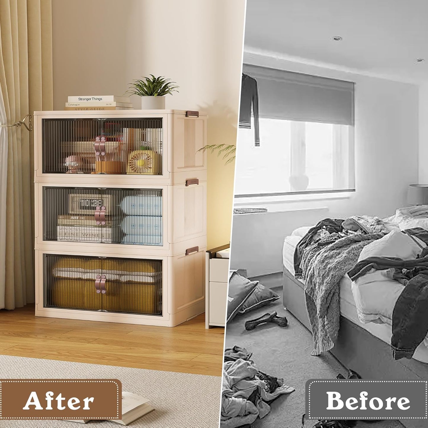 SAILUN 83Gal/335Qt Stackable Storage Bins Folding Collapsible Storage Bins with Lid, Closet Organizers and Box with Door Beige 26" W x 17" D x 43.7" H