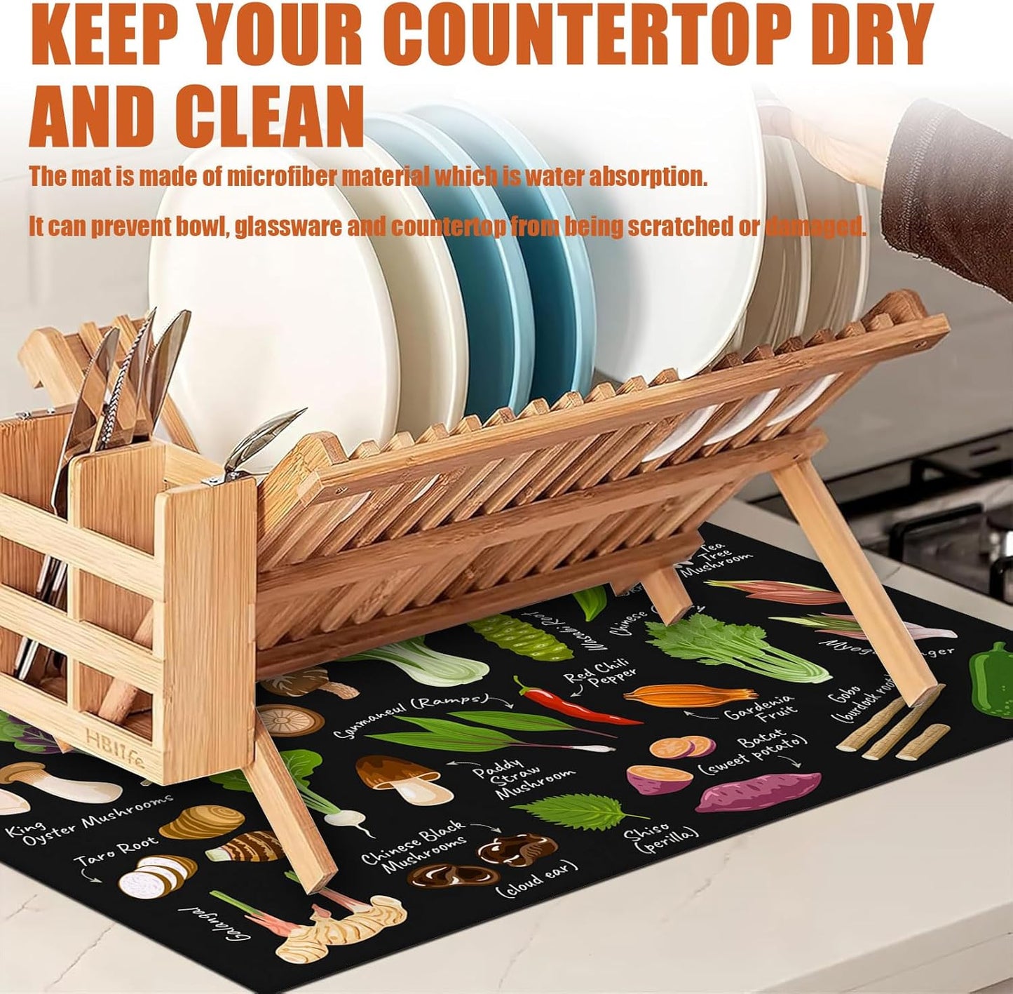 Vegetables Dish Drying Mat for Kitchen Counter Microfiber Absorbent Dish Kitchen Drying Mat Draining Reusable Washable for Dishes/Utensils/Counterto