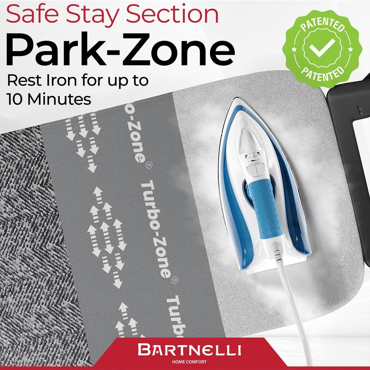 Bartnelli Heavy Duty Ironing Board 48x15 | Designed & Made in Europe with Patent Technology, Turbo & Park Zone
