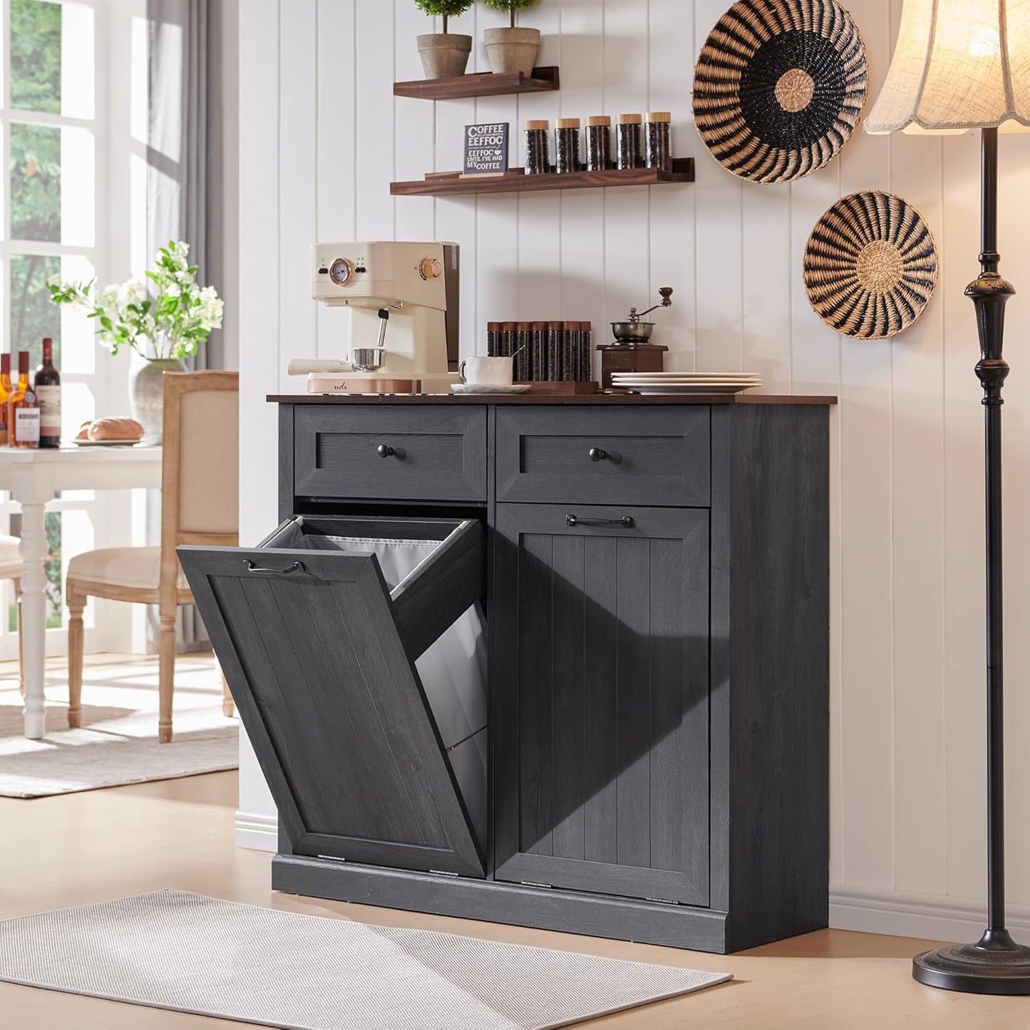 Double Tilt Out Laundry Hamper Cabinet, 20 Gallon Farmhouse Trash Can Cabinet with Drawer, Hidden Wood Garbage Can Bin Cabinet with Laundry Storage Basket for Bathroom, Kitchen, Dark Grey