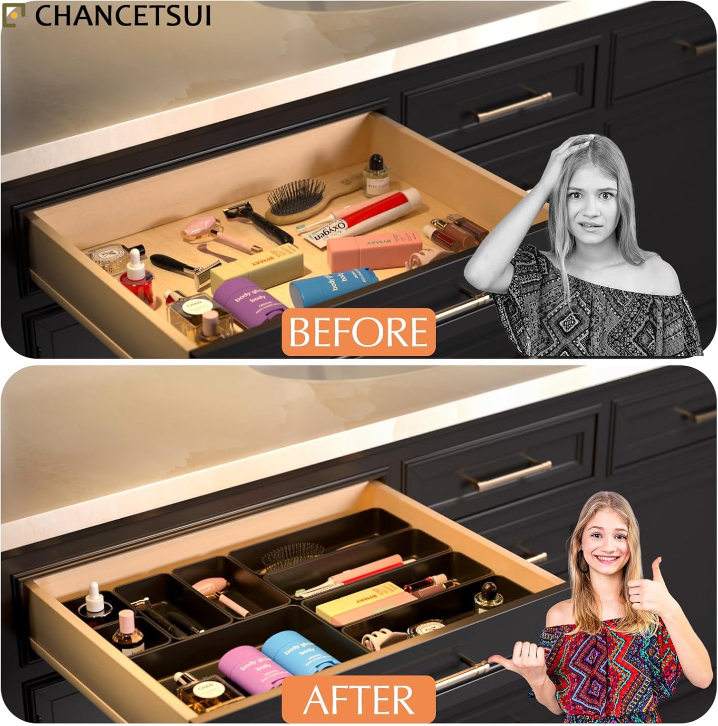 9 Pcs Stackable Drawer Organizer Trays Set, Multifunctional Stackable Storage Trays for Vanity, Bathroom, Kitchen, Desk Drawer Organizer Office. Plastic Drawer Organizers Available In 5 Colours, Black