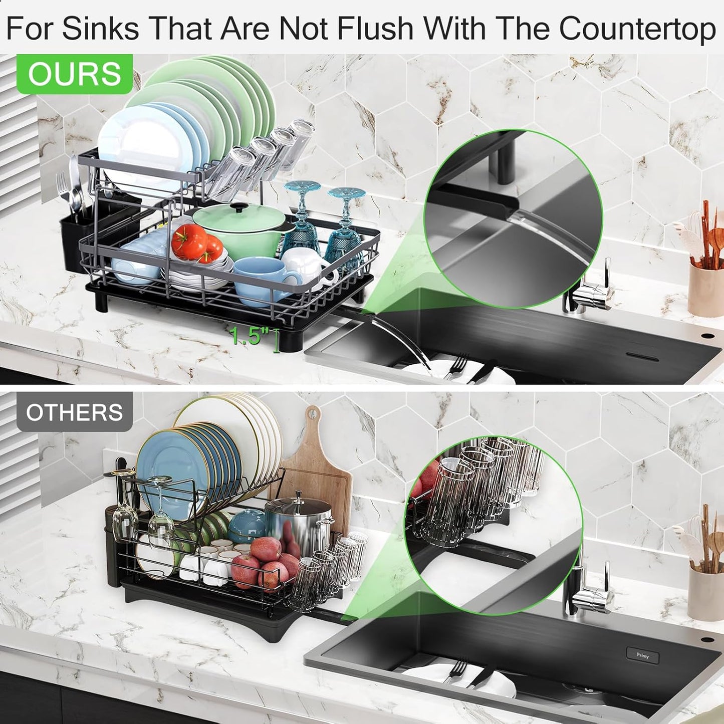 Dish Drying Rack, Space Saving & Durable, Rust-Proof Large 2 Tier Stainless Steel Dish Racks for Kitchen Counter with Cutlery & Cup Holder & Drainboard -Grey