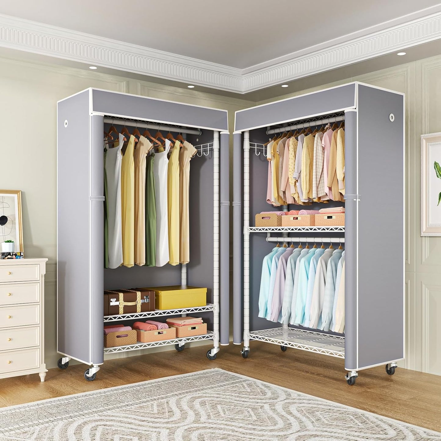 FUTASSI White Clothing Rack with Grey Cover, P1C Rolling Closet Rack with Wheels, Metal Garment Rack for Hanging Clothes, Clothing Storage Wardrobe, 36.2" W x 16.5" D x 80.5" H, Load 450 Pounds