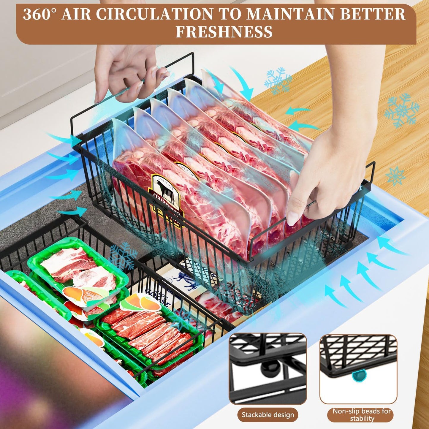 Large Freezer Organizer Bins,Upgraded Bottom Leak-Proof net,Fit 10 to 20 Cu Ft Chest Freezer,4Pack, Expandable Stackable Chest Freezer Containers with Handle(Black-4Pack)