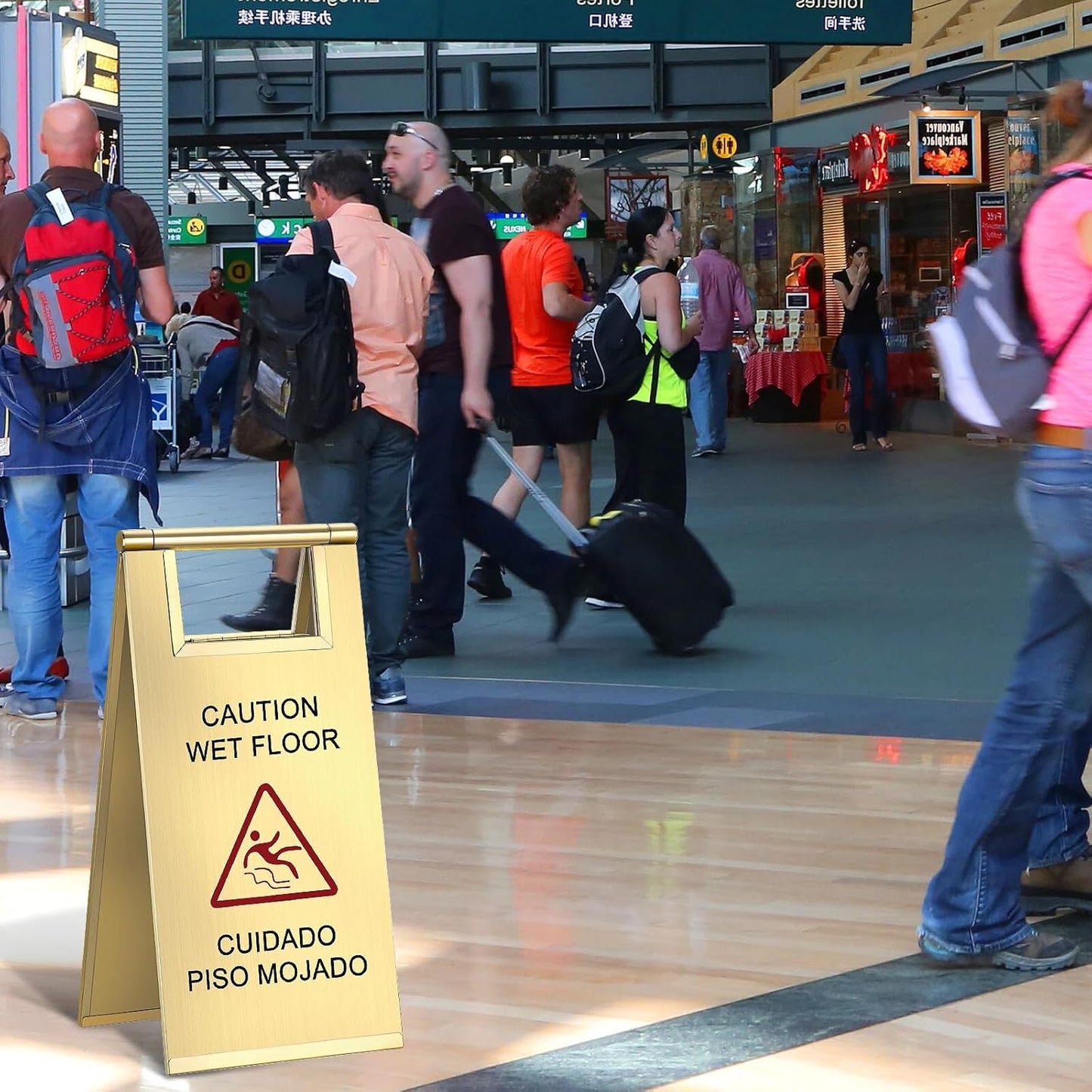 Kigley 2 Pcs Wet Floor Sign, 24 Inch Stainless Steel Caution Wet Floor Sign Double Sided Portable Foldable Bilingual Safety Warning for Hotel Market Restroom Restaurant Office (Gold)