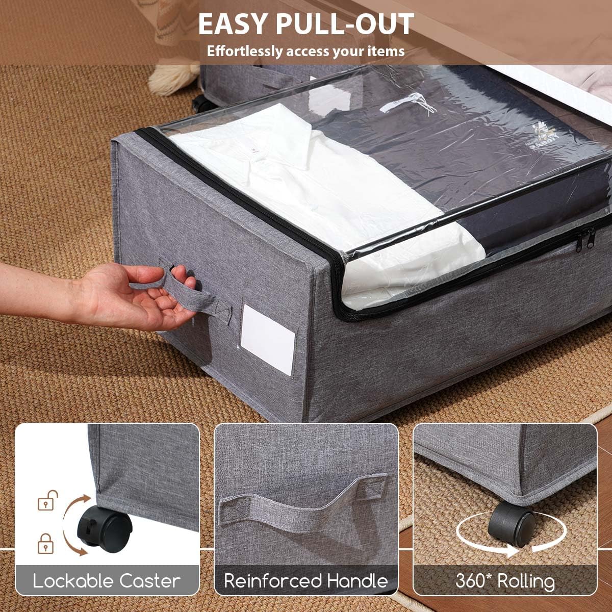 Under Bed Storage with Wheels, Under The Bed Storage Drawers On Wheels, Rolling Underbed Drawers, Lockable, Heavy Duty, XXXXL Size 90L