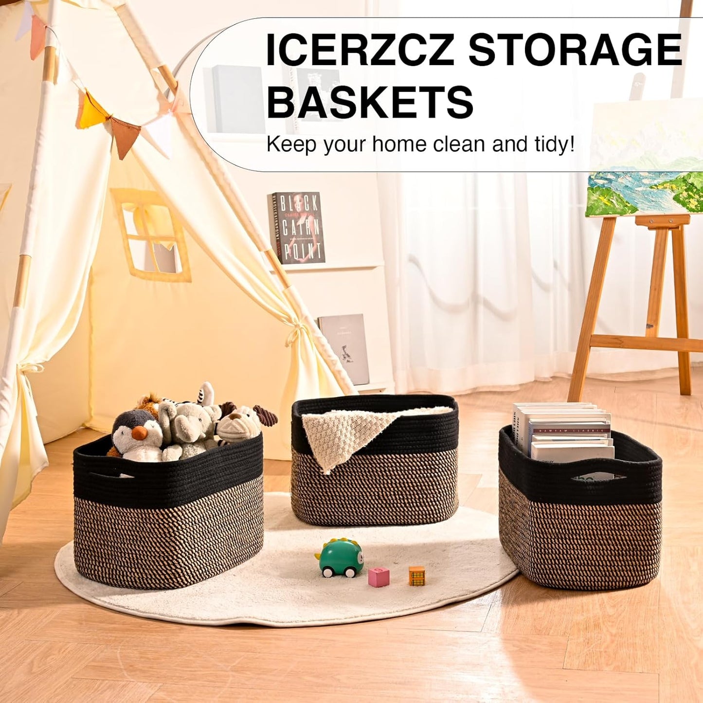 Storage Baskets for Organizing Shelves, Toy Basket for Kid's Room, Woven Cotton Rope Basket for Decor, Organizing Baskets for Bedroom Living Room, 15"x11"x9.5", 3 Packs, Black & Jute