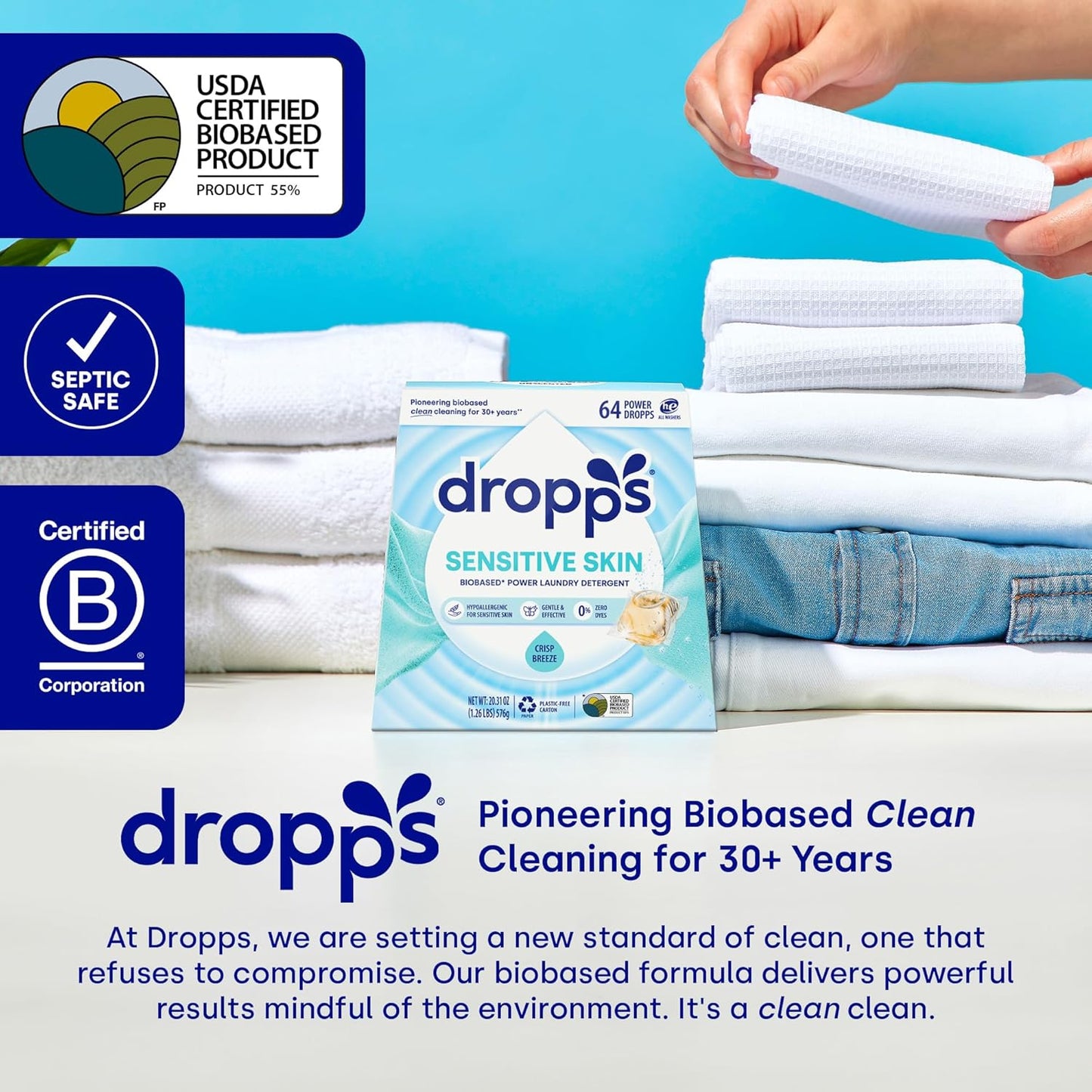 Dropps Sensitive Skin Laundry Detergent Pods, Crisp Breeze (64 Count) - Dermatologist Tested Laundry Pods - HE Compatible Laundry Supplies for Clean Clothes, Vegan & Dye-Free
