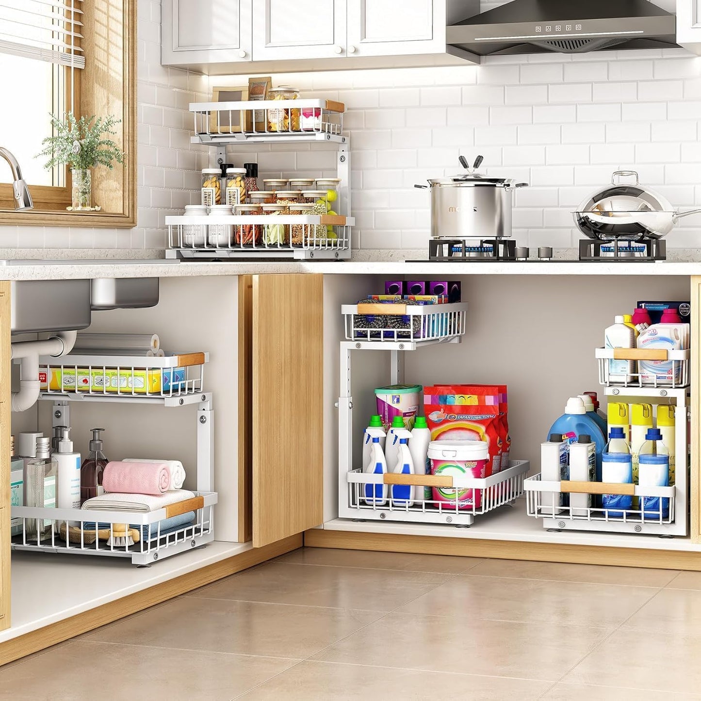 PXRACK Under Sink Organizer,1 Pack,2 Tier Metal Slide out Sink Shelf Pull out Cabinet Organizer Drawers, Under Sink Organizers and Storage for Kitchen Bathroom Pantry Closet Cabinet