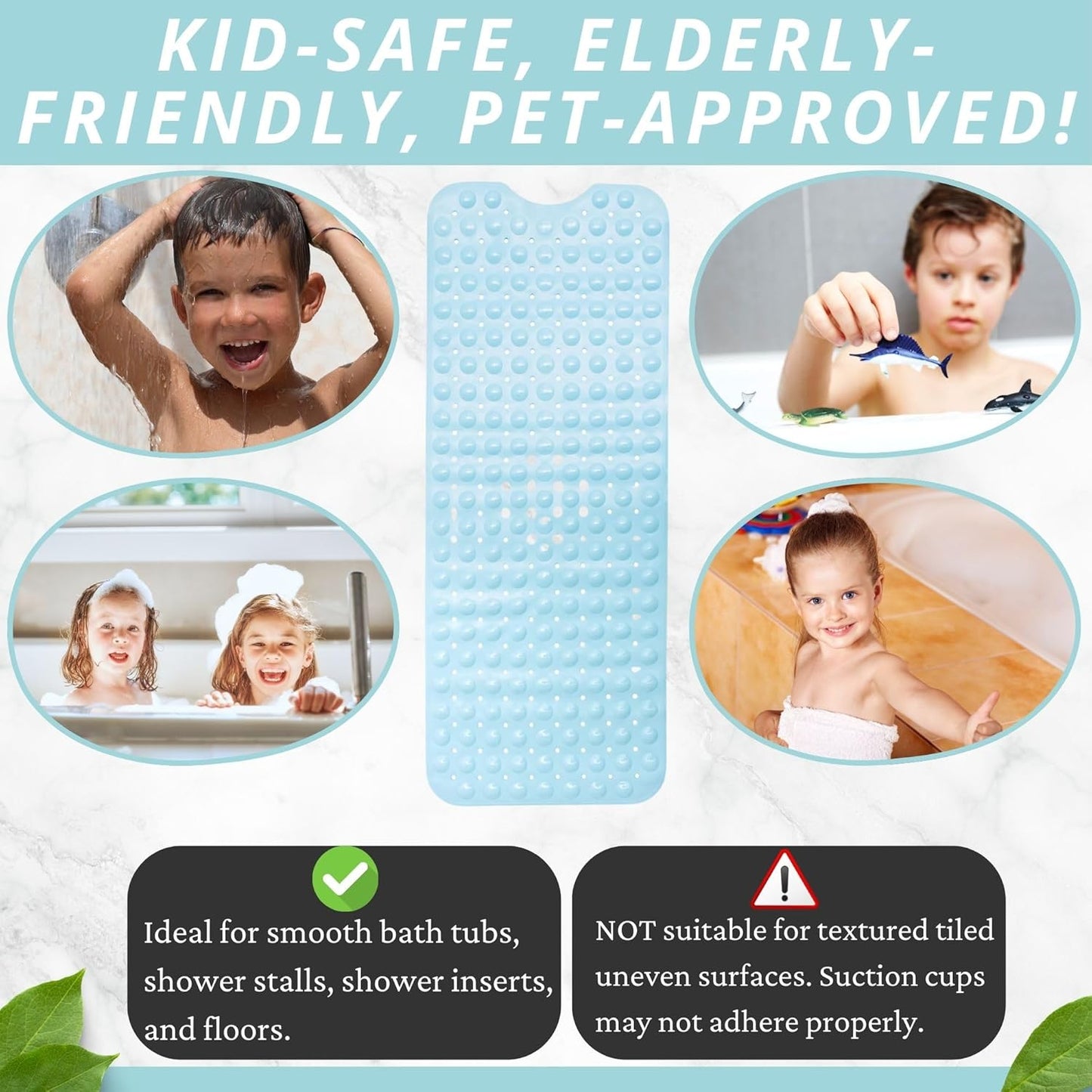 ENKOSI Bath Mat - Large Non Slip Bathtub & Shower Mat - Extra Long 40 x 16 Inch Bathroom Mats for Tub Nonslip Anti Slip Bathmats (40x16 Light Blue 1-Pack)