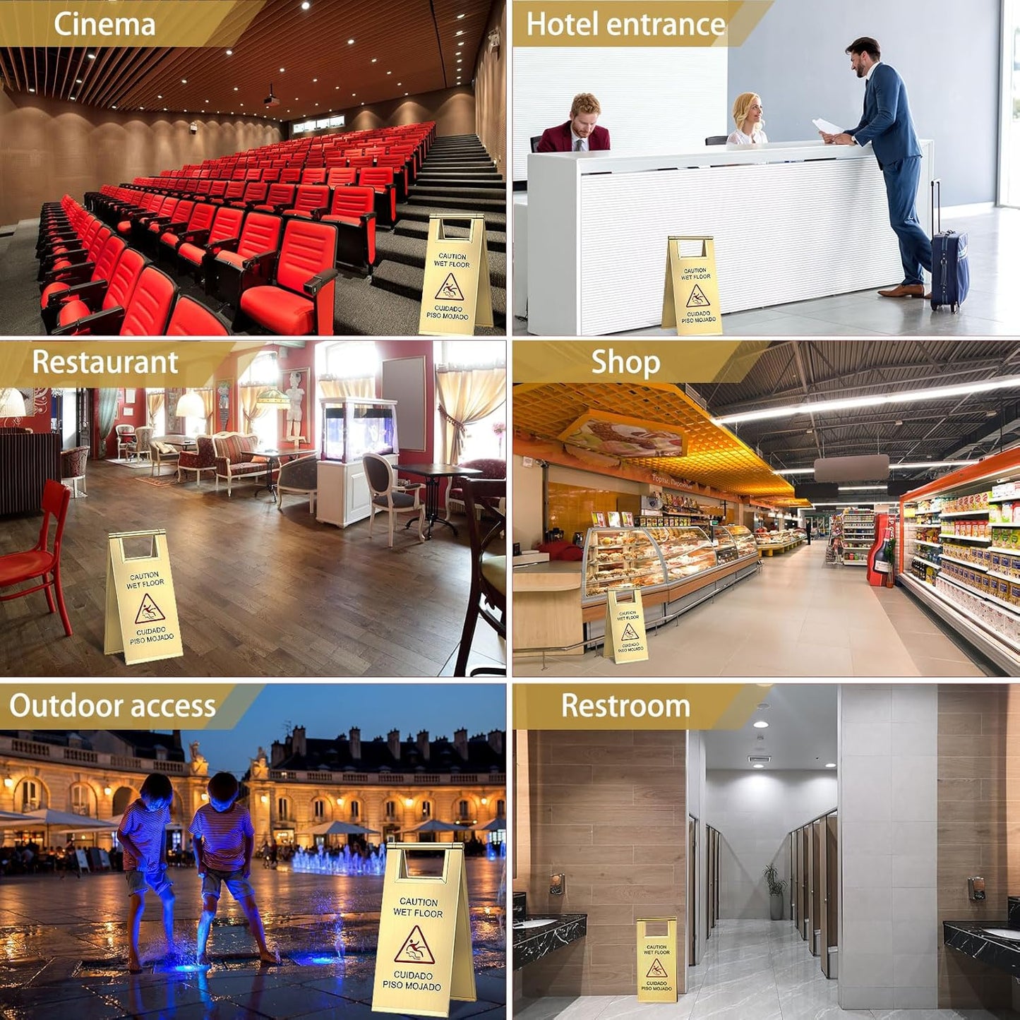 Kigley 2 Pcs Wet Floor Sign, 17 Inch Stainless Steel Caution Wet Floor Sign Double Sided Portable Foldable Bilingual Safety Warning for Hotel Market Restroom Restaurant Office (Gold)