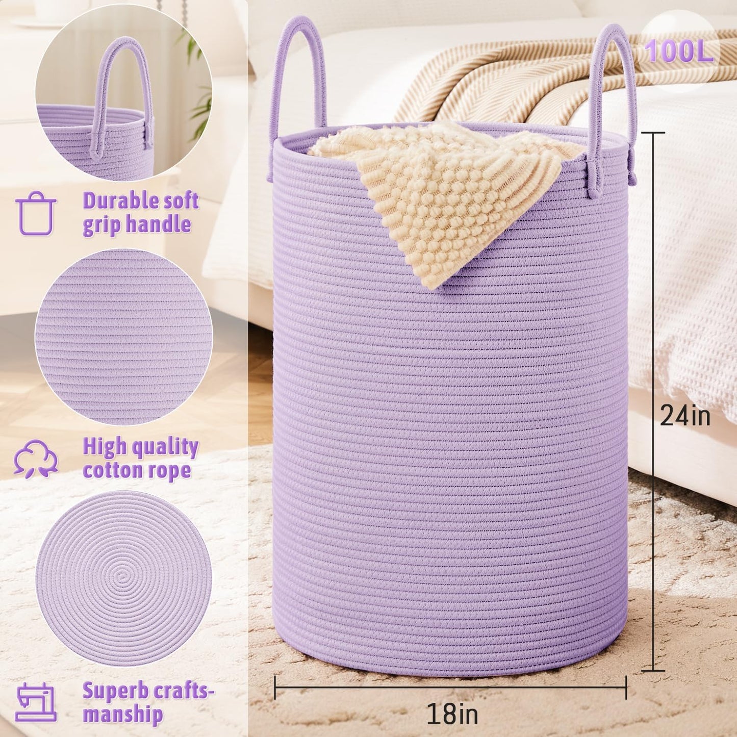 Laundry Basket,Woven Cotton Rope Laundry Hamper,100L for Decorative Storage of Dirty Clothes,Toys and Blankets in Bathroom,Baby Room and Living Room