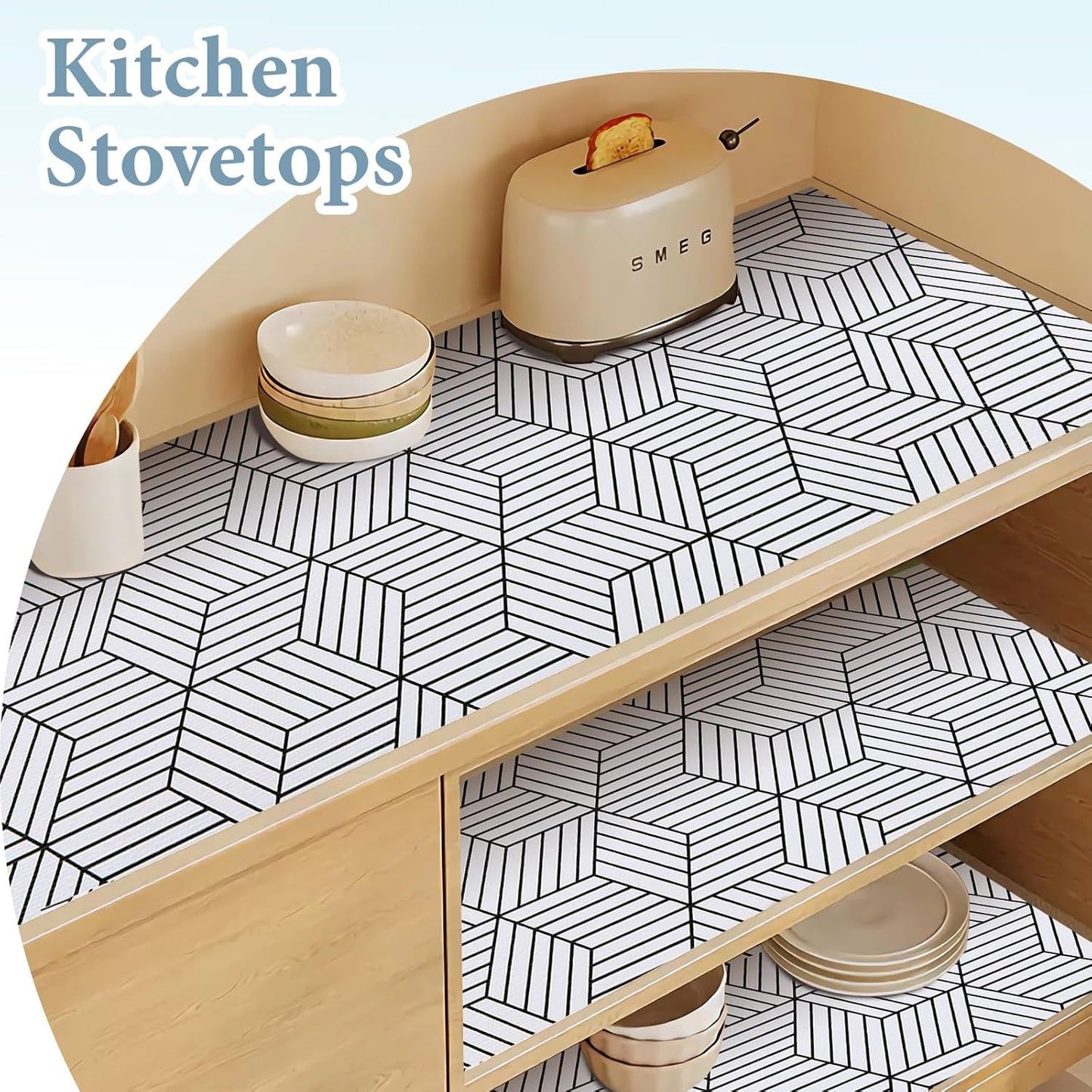 Shelf Liners for Kitchen Cabinets Non Adhesive Shelf Liner Paper Non-Slip Thickened Drawer Liner Easy to Clean for Tool Box Refrigerator with Knife and Tape Measure, Black Geometric, 17.3 x 236.2 in