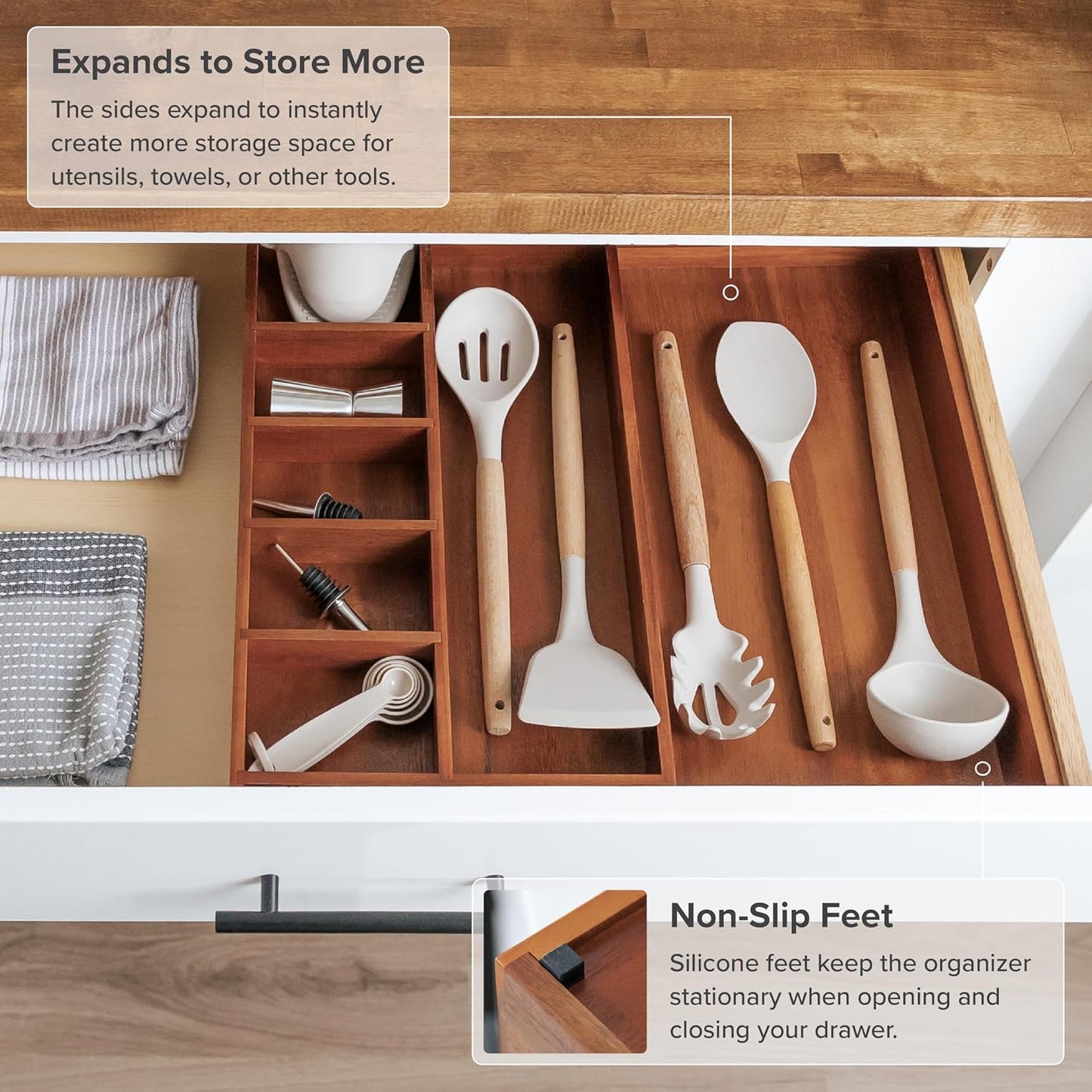 KitchenEdge Adjustable Kitchen Drawer Organizer for Utensils and Junk, Food-Safe Contract Grade with 100% Sustainable Wood, Non-Slip, Expandable from 10.5 to 18.5 Inches Wide - Natural Acacia