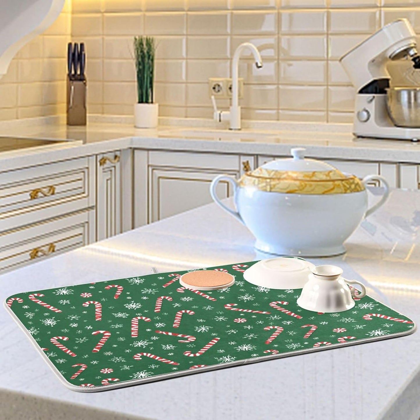 Christmas Candy Cane Dish Drying Mat for Kitchen Countertop 16x18 Winter Snowflake Green Xmas Small Drying Mat Reusable Quick Dry Dish Sink Mats Easy Clean Decorative Essentials