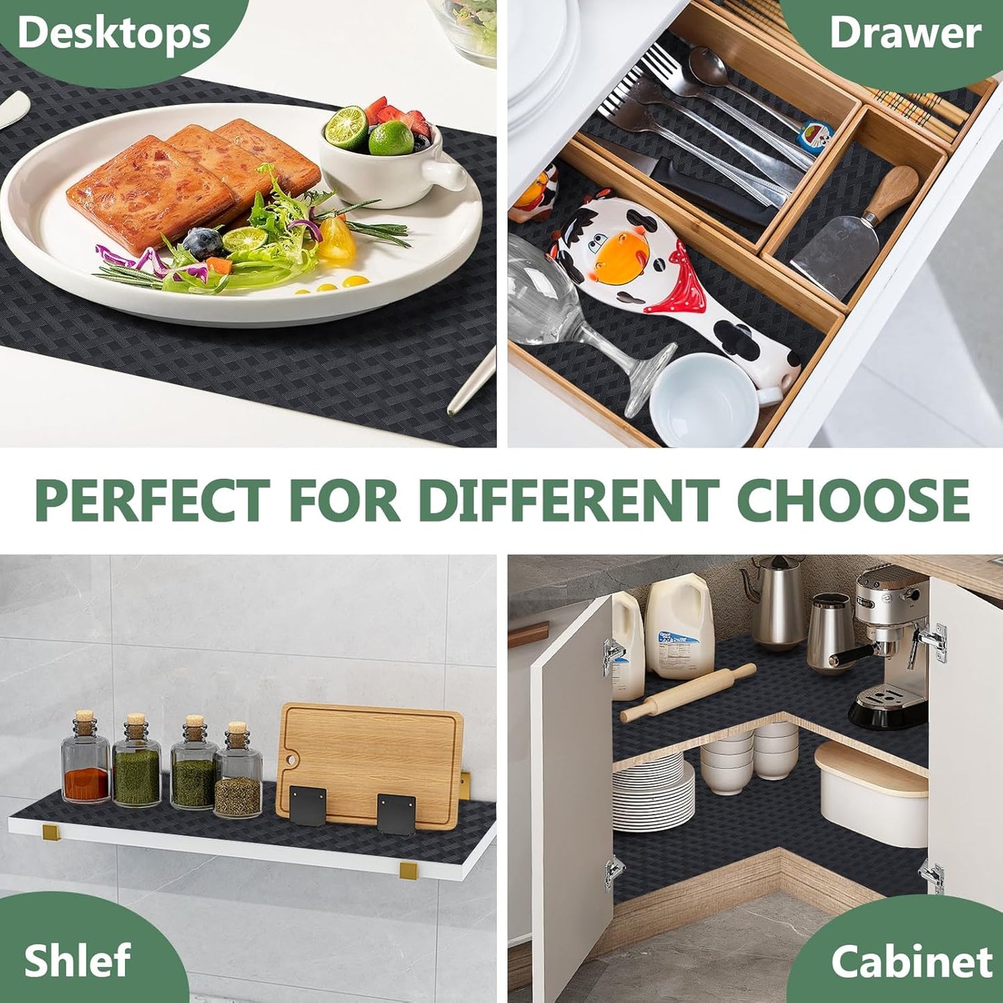 Shelf Liners, Non-Adhesive Drawer Liner, Waterproof & Oil-Proof Kitchen Cabinet Cupboard Liner Plastic EVA Material BPA Free Fridge Liner Mats Paper Protector for Shelves (Black/24in x 240in)