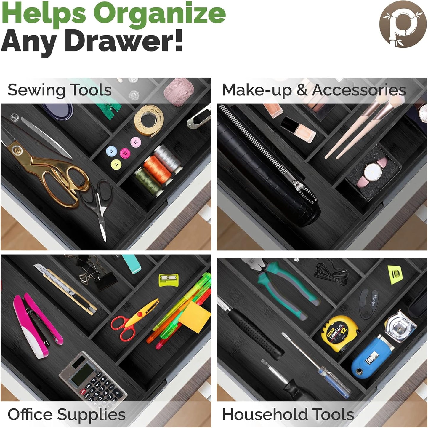 Silverware Tray - Drawer Organizer with Expandable Wooden Dividers (8-Slots, Black)