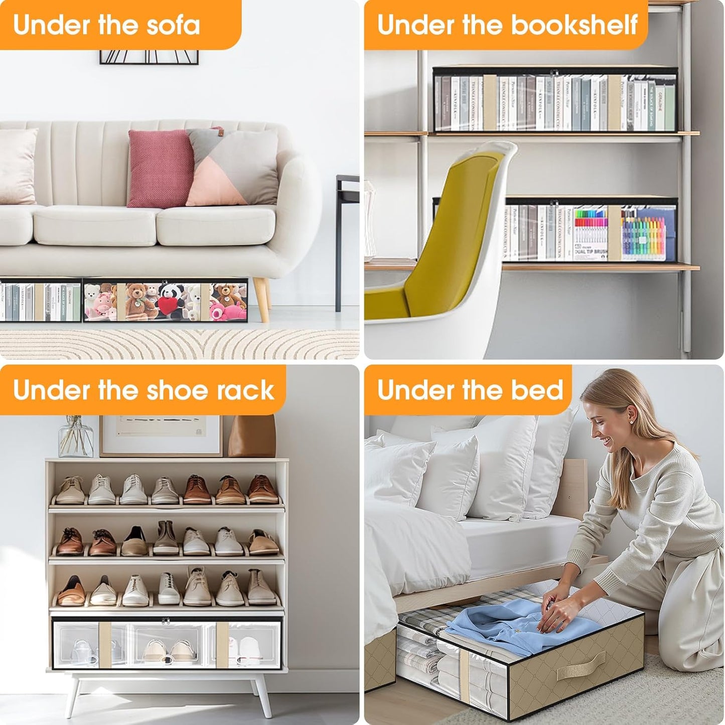 StorageRight Under Bed Storage Bins, 4-Pack 40L Foldable Fabric Storage Bags with Transparent Window, Breathable Organizer for Clothes/Blanket/Comforter/Quilts,Beige