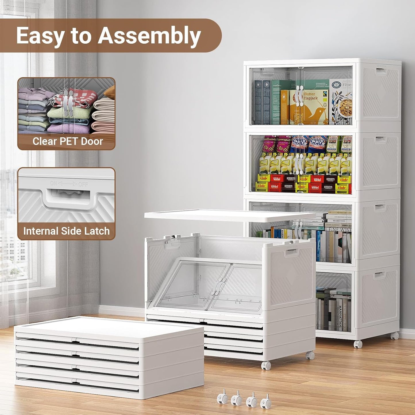 BROVIEW 300QT Extra Large Stackable Storage Bins, 75Gal Clear Plastic Closet Organizer Cabinet with Lid and Wheels, Collapsible Latch Boxes Folding Drawer with Door for Home Kitchen, V20 3Pack White