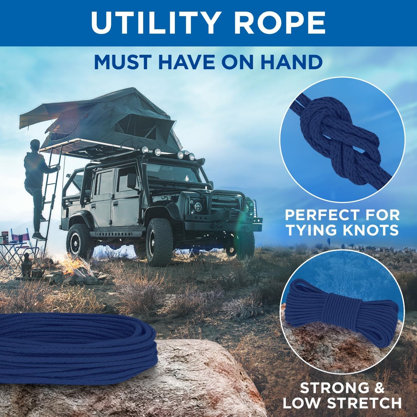 TECEUM Cotton Rope 3/16” (5 mm) – 50 FT – Strong All-Purpose Braided Rope – Natural Cotton – for Crafting, Сamping, Clothes Line, DIY, Indoor & Outdoor Use – Navy Blue