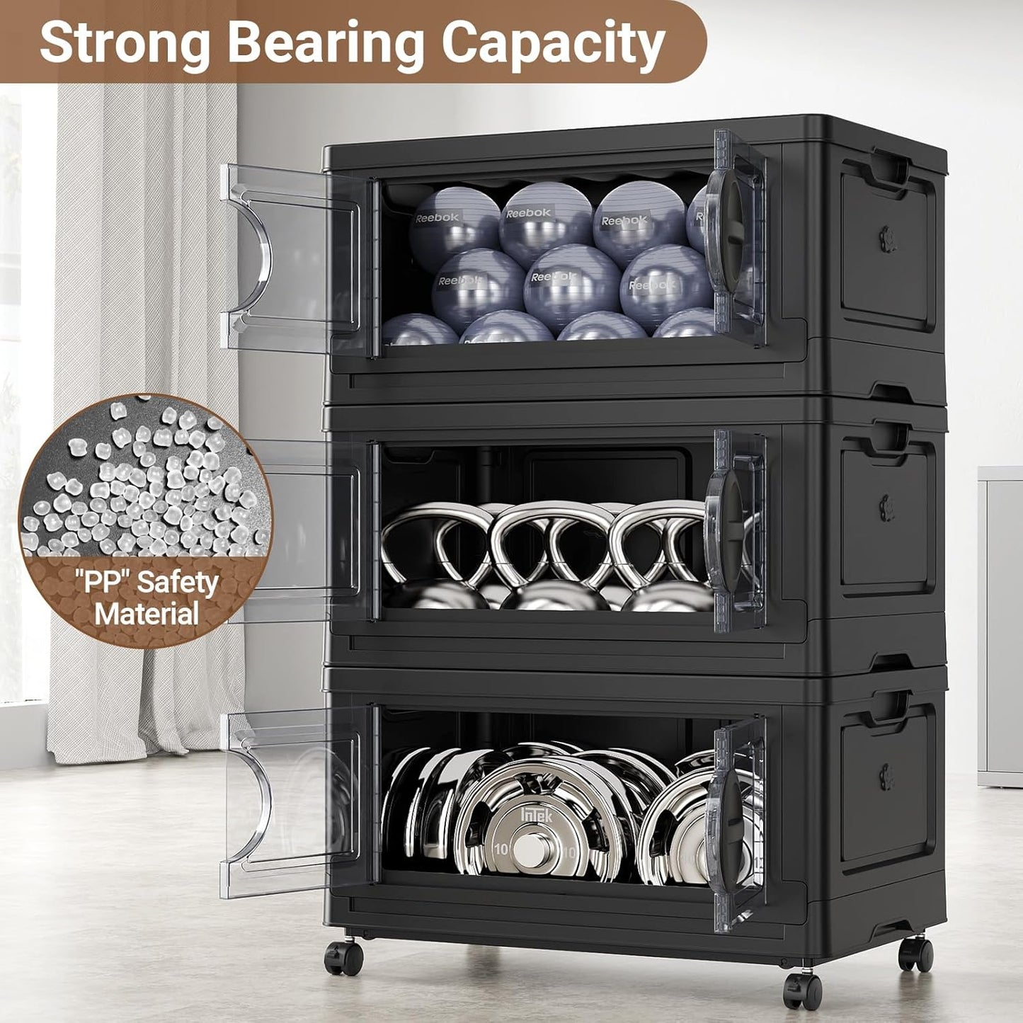 BROVIEW 360Qt Lockable Stackable Storage Bins with Lids, Closet Organizers and Storage Drawer, Collapsible Storage Bin with Wheels, Plastic Cabinet for Toy Clothes Dorm Organizer, V9 3 Pack Black