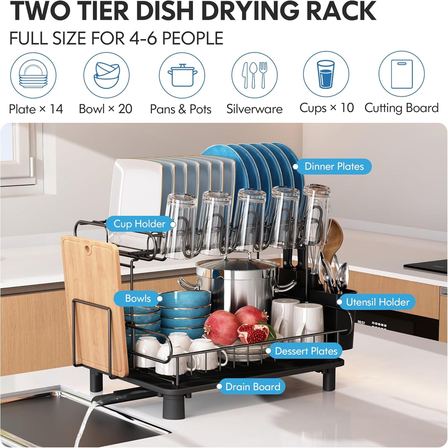 MAJALiS 2 Tier Black Large Stainless Steel Dish Drainers Drying Rack for Kitchen Counter with Drainboard, Rust Proof Metal, Space Saving, Modern Aesthetic, Compact Plates Strainers