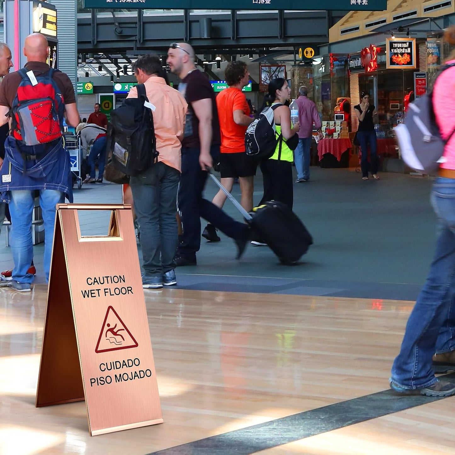 Kigley 2 Pcs Wet Floor Sign, 24 Inch Stainless Steel Caution Wet Floor Sign Double Sided Portable Foldable Bilingual Safety Warning for Hotel Market Restroom Restaurant Office (Rose Gold)