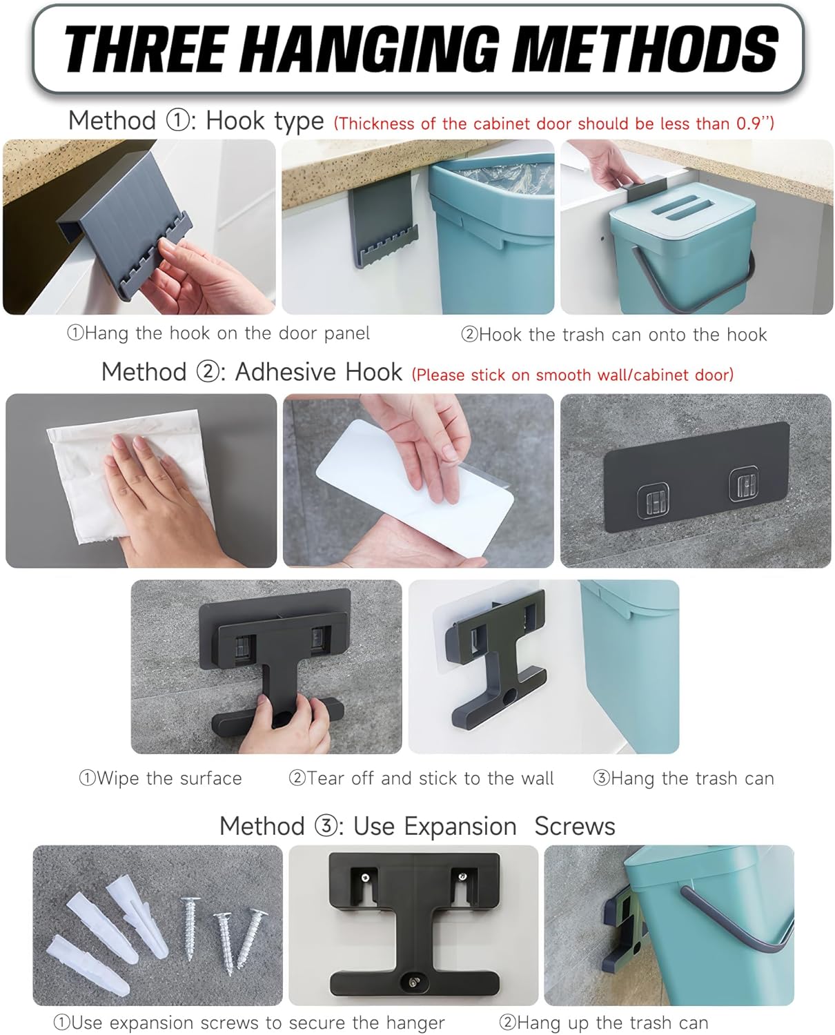 Kitchen Compost Bin - 3.2 Gallons Hanging Trash Can with Lid for Kitchen Bathroom, Under Sink Trash Can, Outdoor Compost Bucket with Lid, 12L(Black)