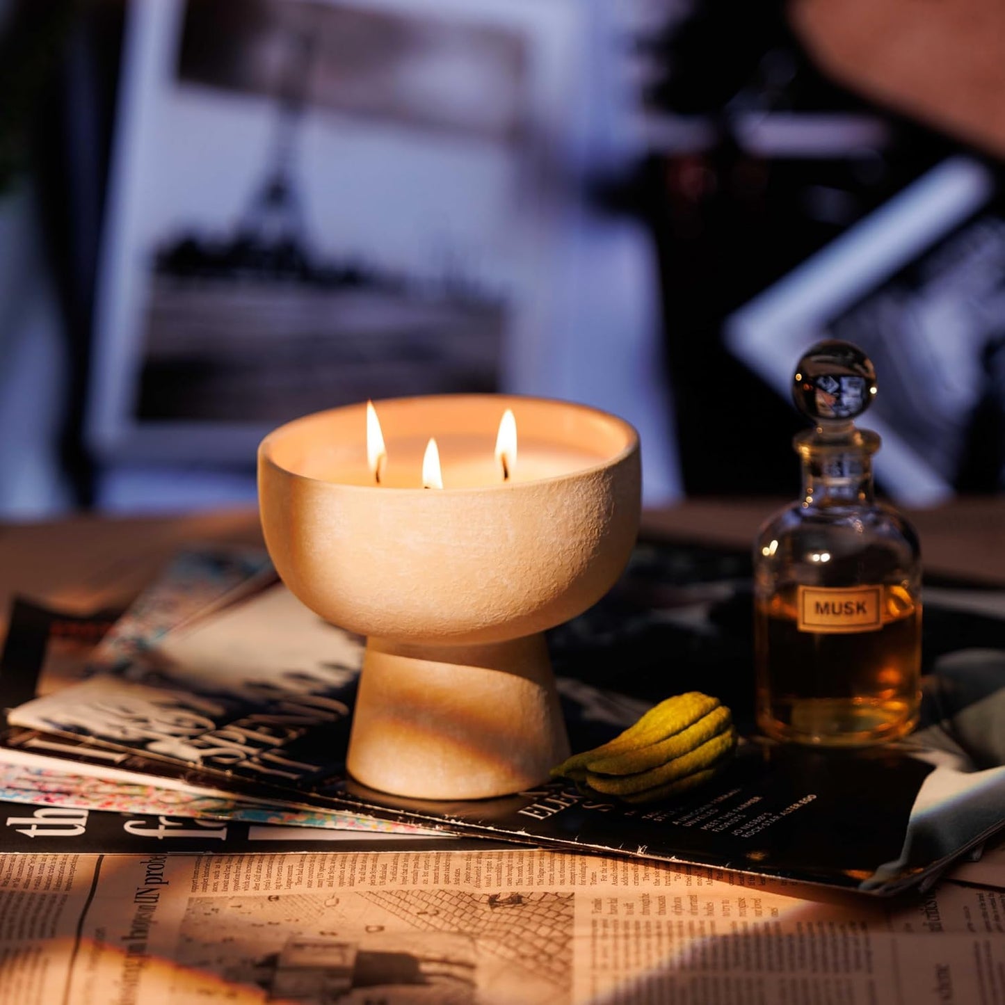 New BLUEME Wellness Candle Wax Refill, Contains Essential Oil, Sustainable, Hand Finished, Hand Poured, Premium, Luxury Ceramic, Natural Cotton Wick (24oz, Bergamot & Musk)